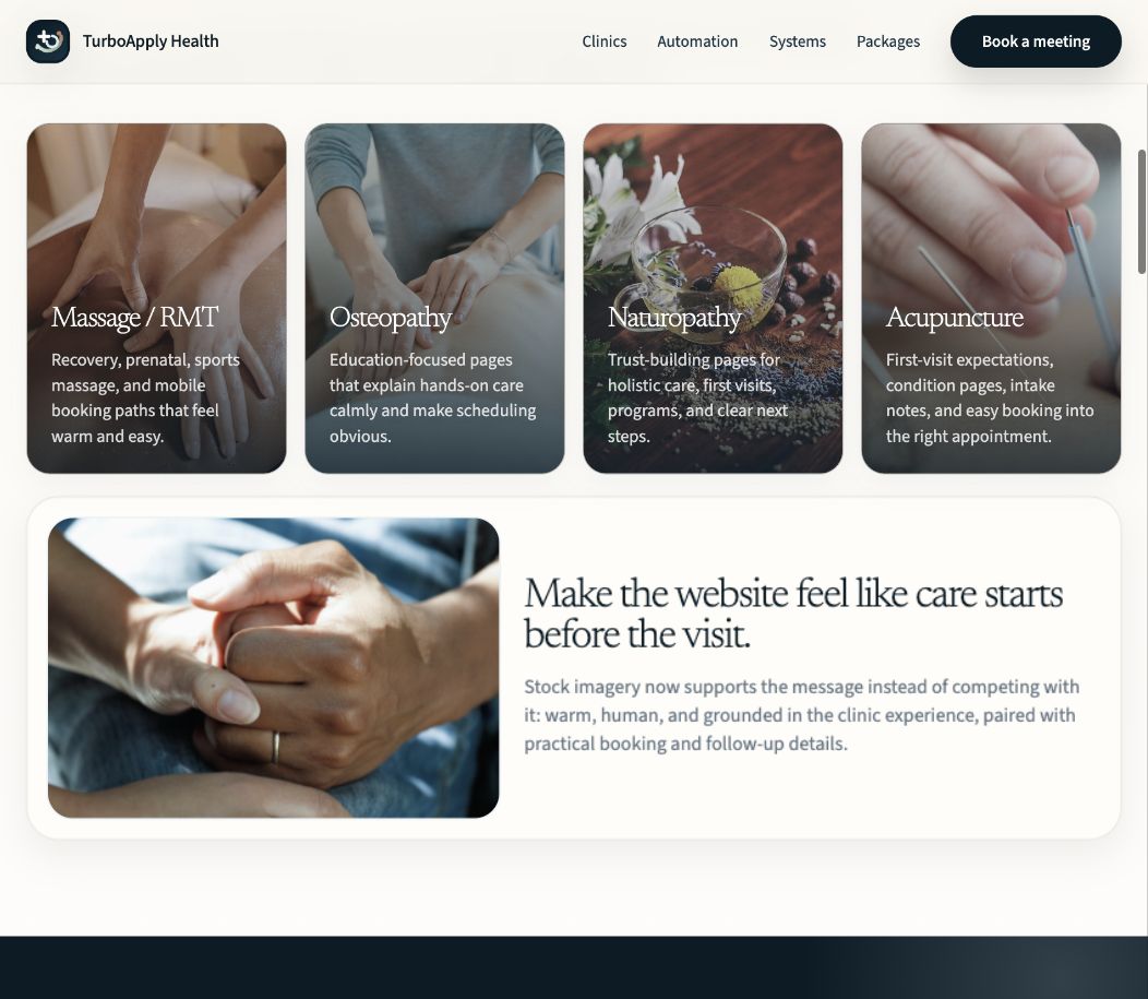 TurboApply Health treatment pages and service cards section